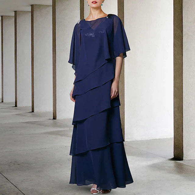 Wholesale A-Line Mother of the Bride Dress Elegant V Neck Floor Length Chiffon Sequined Sleeveless Wrap Included with Sequin Ruffles